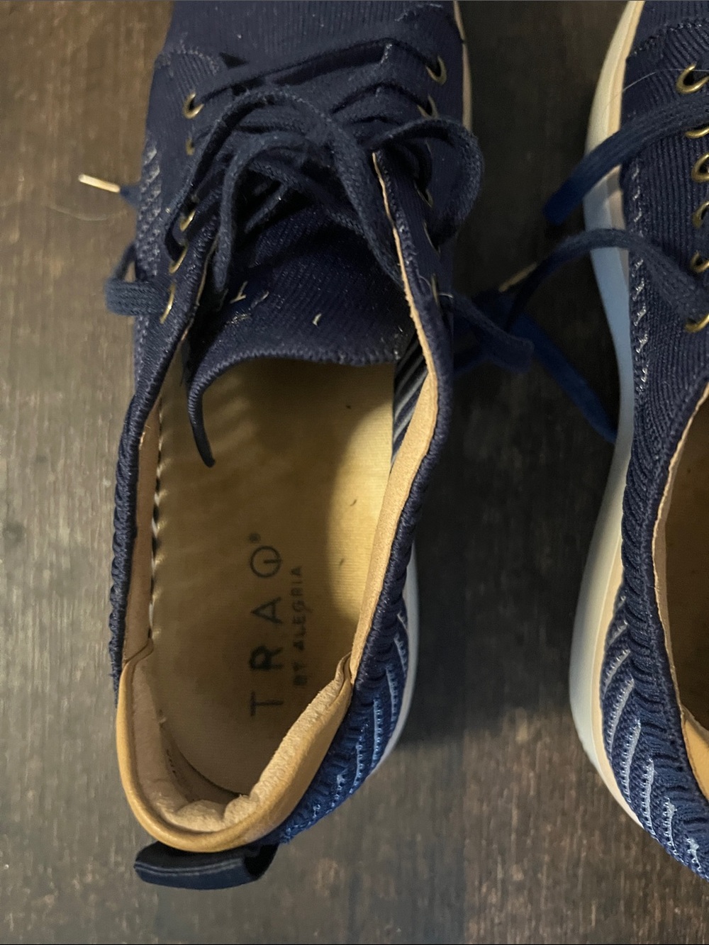 Traq by Alegria woman s Navy Canvas Lace-Up Sneaker with Tan Trim